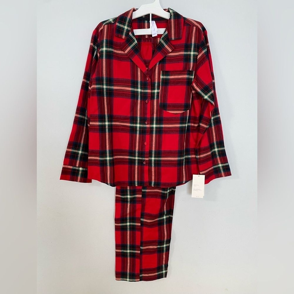 STARS ABOVE Red Tartan Lurex Women's 2 Piece Pants Pajama Set Size XS NWT